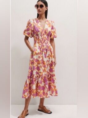 ME+EM Pink and Yellow Floral Smocked Midi Dress